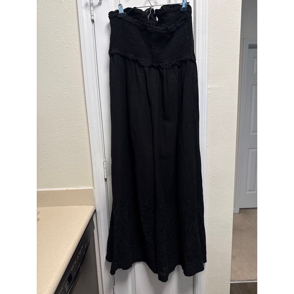 Anthropologie Linen Blend Strapless Black Wide Leg Eyelet Jumpsuit Size XL - Picture 4 of 7